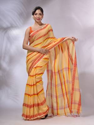 Light Yellow Cotton Handwoven Saree With Stripes Pattern 1