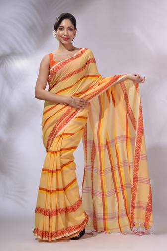 Light Yellow Cotton Handwoven Saree With Stripes Pattern