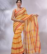 Light Yellow Cotton Handwoven Saree With Stripes Pattern