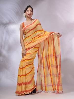 Light Yellow Cotton Handwoven Saree With Stripes Pattern 2
