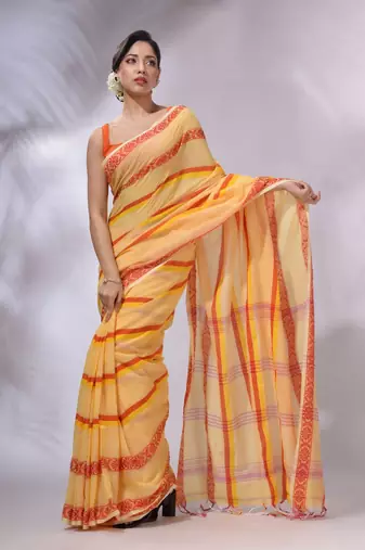 Light Yellow Cotton Handwoven Saree With Stripes Pattern