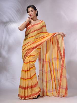 Light Yellow Cotton Handwoven Saree With Stripes Pattern 3