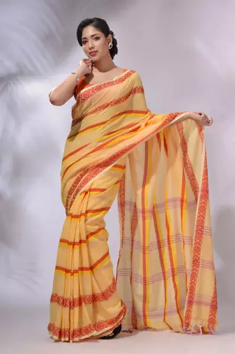 Light Yellow Cotton Handwoven Saree With Stripes Pattern