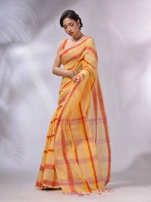 Light Yellow Cotton Handwoven Saree With Stripes Pattern 4