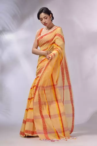 Light Yellow Cotton Handwoven Saree With Stripes Pattern