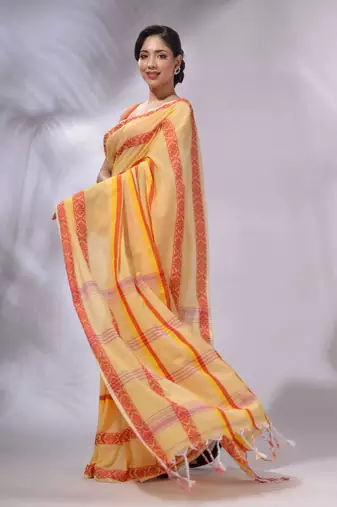 Light Yellow Cotton Handwoven Saree With Stripes Pattern