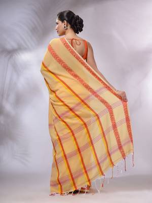 Light Yellow Cotton Handwoven Saree With Stripes Pattern 6