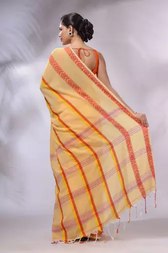 Light Yellow Cotton Handwoven Saree With Stripes Pattern