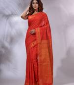 Red Cotton Handwoven Saree With Zari Woven Temple Borders