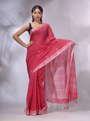 Pink Cotton Handwoven Soft Saree With Texture Designs 1