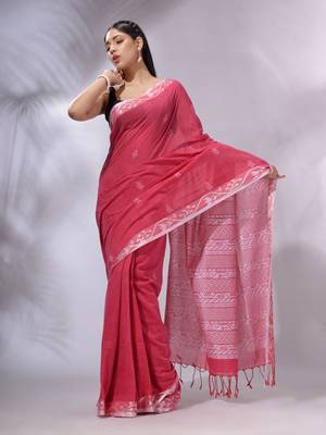Pink Cotton Handwoven Soft Saree With Texture Designs 2