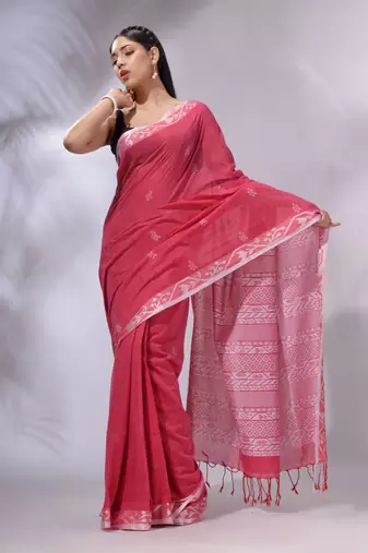 Pink Cotton Handwoven Soft Saree With Texture Designs