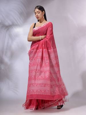 Pink Cotton Handwoven Soft Saree With Texture Designs 3