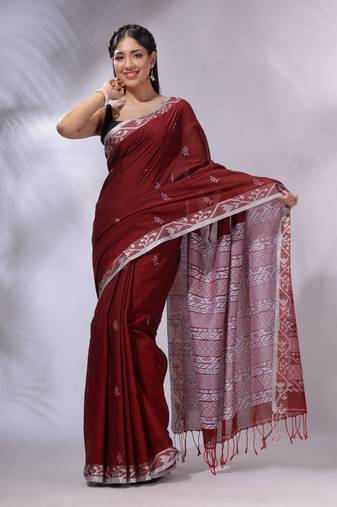 Blood Red Cotton Handwoven Soft Saree With Texture Designs