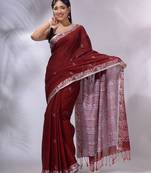 Blood Red Cotton Handwoven Soft Saree With Texture Designs