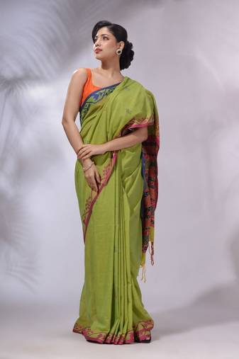 Light Green Cotton Handwoven Soft Saree With Texture Designs