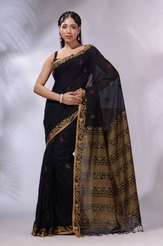 Black Cotton Handwoven Soft Saree With Texture Designs