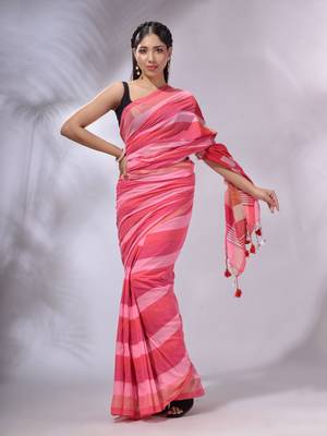 Pink Cotton Colorblocked Handwoven Soft Saree 1