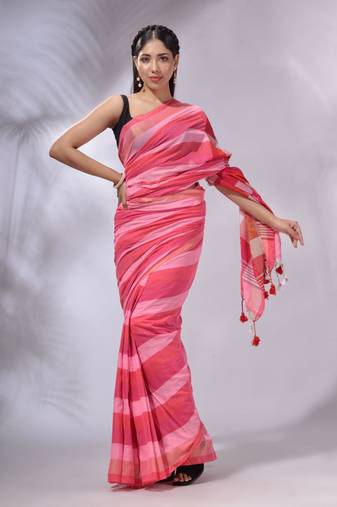 Pink Cotton Colorblocked Handwoven Soft Saree