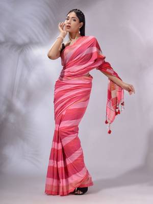 Pink Cotton Colorblocked Handwoven Soft Saree 2