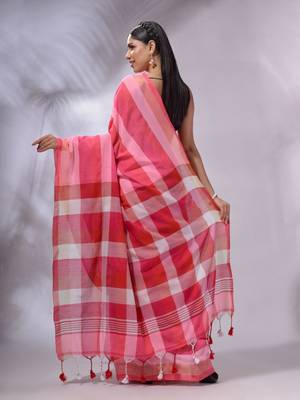 Pink Cotton Colorblocked Handwoven Soft Saree 3