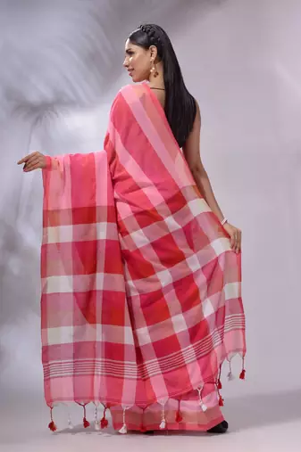Pink Cotton Colorblocked Handwoven Soft Saree