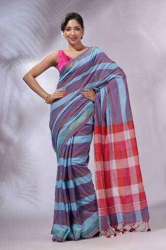 Multicolor Cotton Colorblocked Handwoven Soft Saree