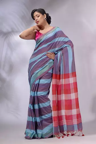 Multicolor Cotton Colorblocked Handwoven Soft Saree