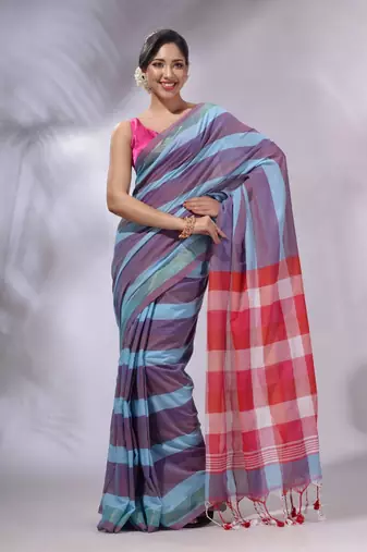 Multicolor Cotton Colorblocked Handwoven Soft Saree