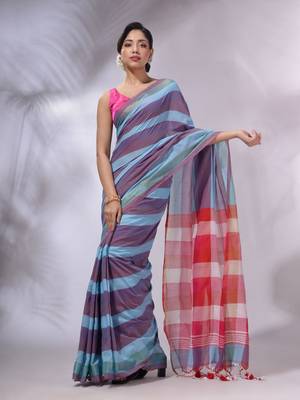 Multicolor Cotton Colorblocked Handwoven Soft Saree 4