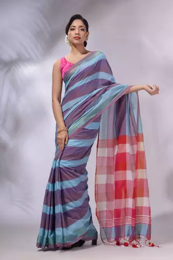 Multicolor Cotton Colorblocked Handwoven Soft Saree