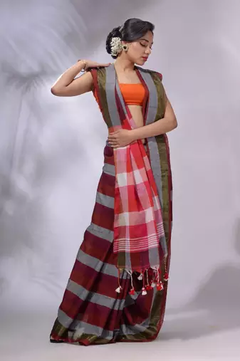 Multicolor Cotton Colorblocked Handwoven Soft Saree