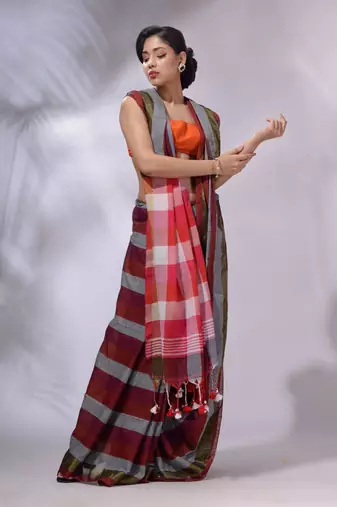 Multicolor Cotton Colorblocked Handwoven Soft Saree