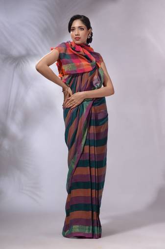 Multicolor Cotton Colorblocked Handwoven Soft Saree