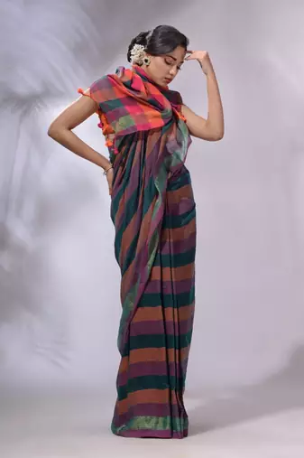 Multicolor Cotton Colorblocked Handwoven Soft Saree