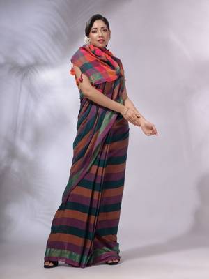 Multicolor Cotton Colorblocked Handwoven Soft Saree 3