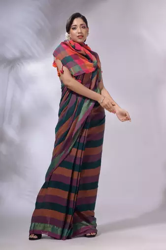 Multicolor Cotton Colorblocked Handwoven Soft Saree