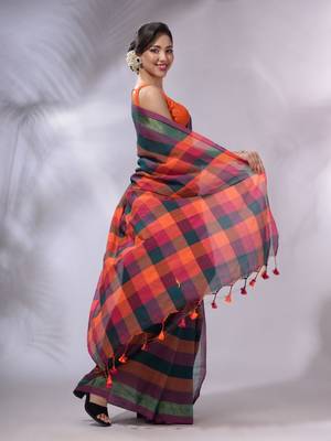 Multicolor Cotton Colorblocked Handwoven Soft Saree 4