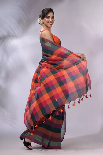 Multicolor Cotton Colorblocked Handwoven Soft Saree