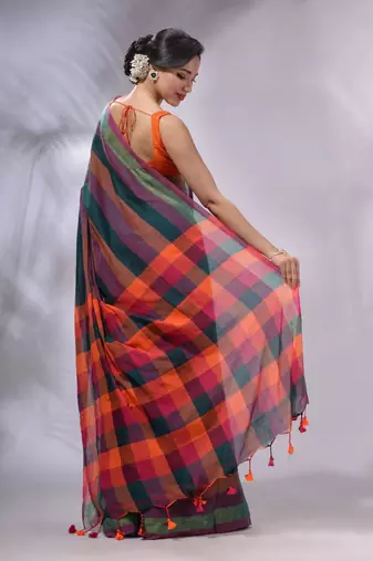 Multicolor Cotton Colorblocked Handwoven Soft Saree