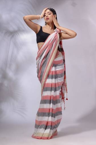 Multicolor Cotton Colorblocked Handwoven Soft Saree