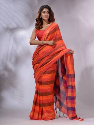 Orange Cotton Colorblocked Handwoven Soft Saree 1
