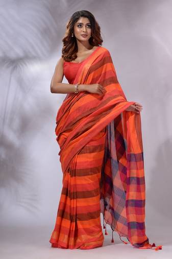 Orange Cotton Colorblocked Handwoven Soft Saree