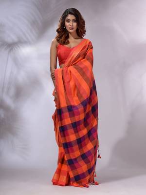 Orange Cotton Colorblocked Handwoven Soft Saree 2