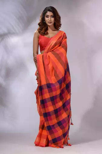 Orange Cotton Colorblocked Handwoven Soft Saree