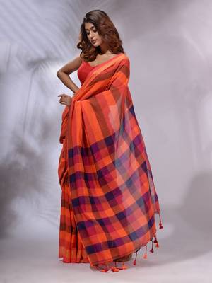 Orange Cotton Colorblocked Handwoven Soft Saree 3