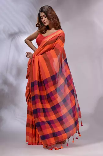 Orange Cotton Colorblocked Handwoven Soft Saree