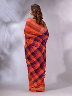 Orange Cotton Colorblocked Handwoven Soft Saree 4
