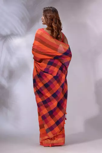 Orange Cotton Colorblocked Handwoven Soft Saree