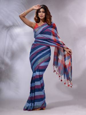 Blue Cotton Colorblocked Handwoven Soft Saree 1